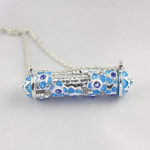  Enamel Jewelry Boutique Floral Mezuzah Forget-Me-Not Necklace, Judaica Jewelry for Women, Sterling Silver, Hebrew Necklace w Scroll, Enamel Jewelry Pendant w Turquoise Flowers, Bat-Mitzvah Gift