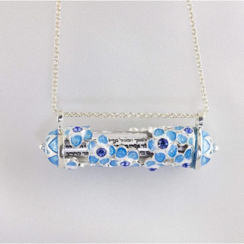  Enamel Jewelry Boutique Floral Mezuzah Forget-Me-Not Necklace, Judaica Jewelry for Women, Sterling Silver, Hebrew Necklace w Scroll, Enamel Jewelry Pendant w Turquoise Flowers, Bat-Mitzvah Gift