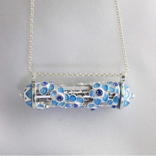  Enamel Jewelry Boutique Floral Mezuzah Forget-Me-Not Necklace, Judaica Jewelry for Women, Sterling Silver, Hebrew Necklace w Scroll, Enamel Jewelry Pendant w Turquoise Flowers, Bat-Mitzvah Gift