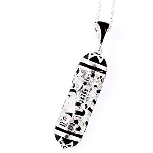  Enamel Jewelry Boutique Aleph-Bet Mezuzah Necklace, Jewish Pendant Aleph-Bet Hebrew Alphabet, Judaica Necklace Jewelry for MenWomen, Sterling Silver w Black Enamel, Bar Mitzvah Gift for Boy Jewish Neckla