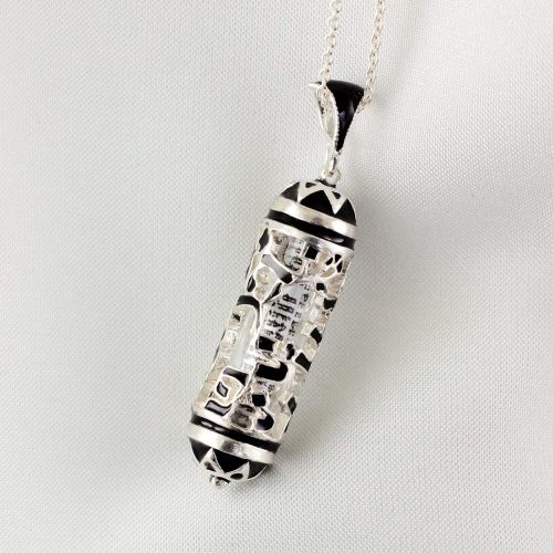  Enamel Jewelry Boutique Aleph-Bet Mezuzah Necklace, Jewish Pendant Aleph-Bet Hebrew Alphabet, Judaica Necklace Jewelry for MenWomen, Sterling Silver w Black Enamel, Bar Mitzvah Gift for Boy Jewish Neckla