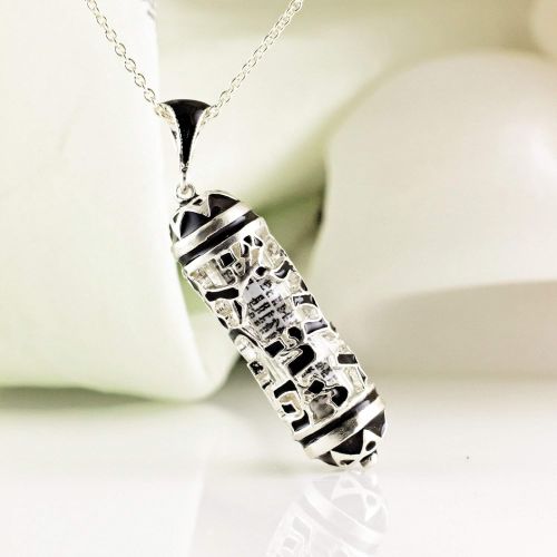  Enamel Jewelry Boutique Aleph-Bet Mezuzah Necklace, Jewish Pendant Aleph-Bet Hebrew Alphabet, Judaica Necklace Jewelry for MenWomen, Sterling Silver w Black Enamel, Bar Mitzvah Gift for Boy Jewish Neckla