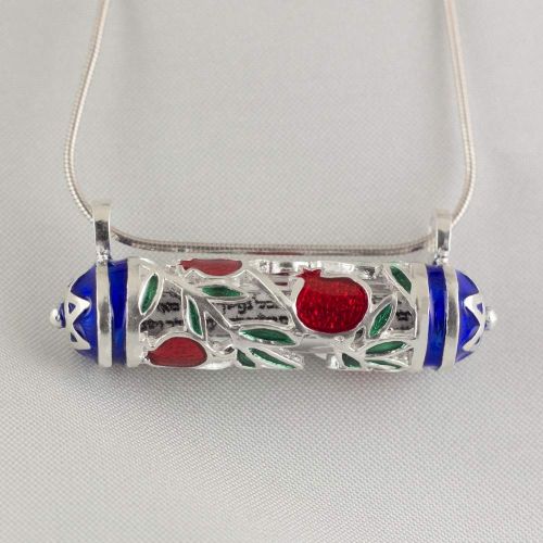  Enamel Jewelry Boutique Mezuzah Necklace Pomegranate Horizontal Pendant Jewish Jewelry for Women, Judaica Red Pomegranate and Green Leaves Necklace w Hebrew Prayer Bat Mitzvah Gift for Girl with Blue Star