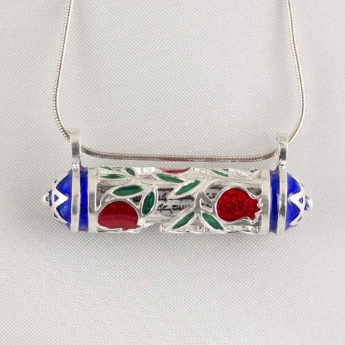  Enamel Jewelry Boutique Mezuzah Necklace Pomegranate Horizontal Pendant Jewish Jewelry for Women, Judaica Red Pomegranate and Green Leaves Necklace w Hebrew Prayer Bat Mitzvah Gift for Girl with Blue Star