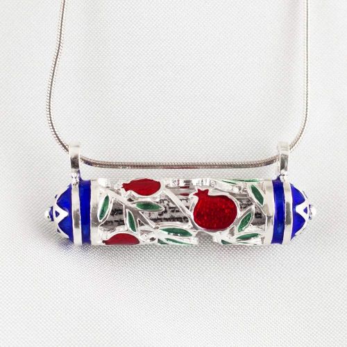  Enamel Jewelry Boutique Mezuzah Necklace Pomegranate Horizontal Pendant Jewish Jewelry for Women, Judaica Red Pomegranate and Green Leaves Necklace w Hebrew Prayer Bat Mitzvah Gift for Girl with Blue Star