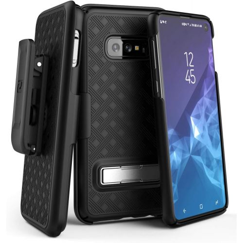  Encased Galaxy S10e Belt Case with Kickstand (2019 Slimline Series) Ultra Thin Cover w/Rotating Holster Clip (for Samsung Galaxy S10 E) Black