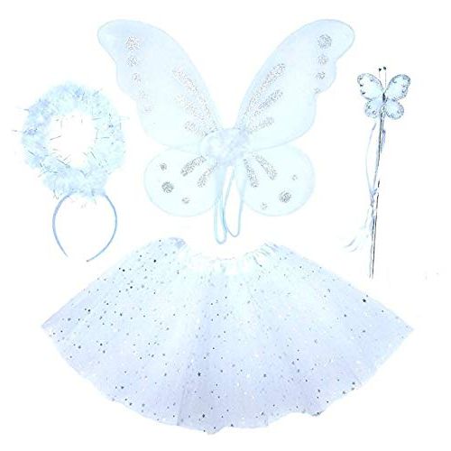  Enchantly Girls 4 Piece White Angel Fairy with Wings, Butterfly Wand & Halo