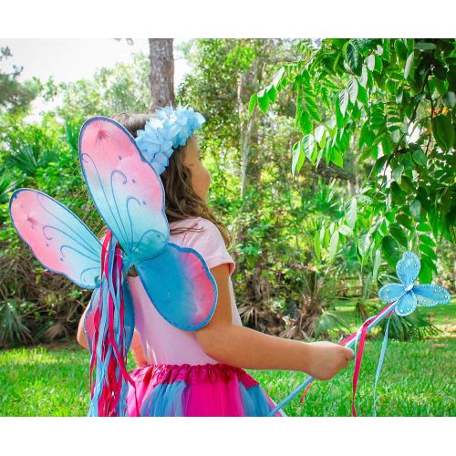  Enchantly Girls Hot Pink and Blue Fairy Costume with Wings, Tutu, Wand & Halo Fits Age 3-7