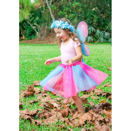  Enchantly Girls Hot Pink and Blue Fairy Costume with Wings, Tutu, Wand & Halo Fits Age 3-7