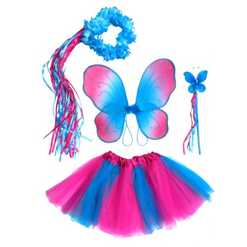  Enchantly Girls Hot Pink and Blue Fairy Costume with Wings, Tutu, Wand & Halo Fits Age 3-7