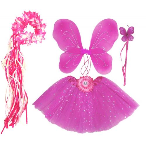  Enchantly Girls Hot Pink Fairy Costume with Butterfly Wings, Wand, Tutu & Halo