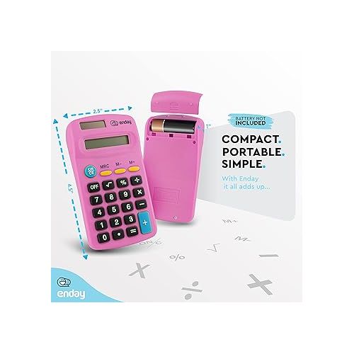  Calculator Pink, Basic Small Solar and Battery Operated, Large Display Four Function, Auto Powered Handheld Calculator School and Kids Available in Green, Red, Purple, Grey, Blue, 24 PK - by Enday