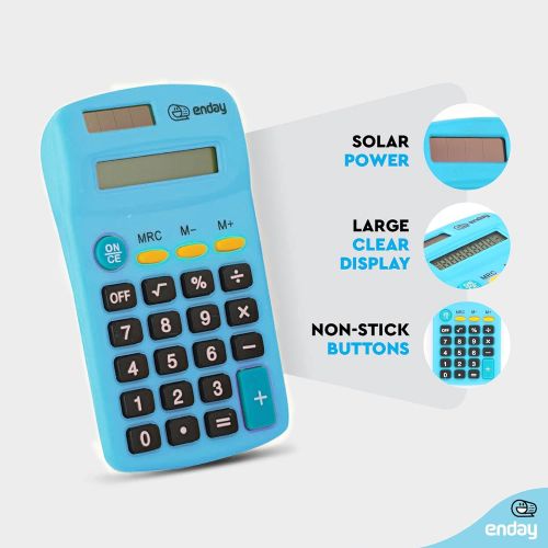  Enday Calculator Blue, Basic Small Solar and Battery Operated, Large Display Four Function, Auto Powered Handheld Calculator School and Kids Available in Green, Red, Purple, Grey, Pink,