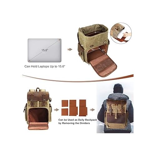  Endurax Camera Backpack, DSLR/SLR/Mirrorless Photography Camera Bag Waterproof Leather with 15-16 Inch Laptop Compartment Tripod Holder, Khaiki