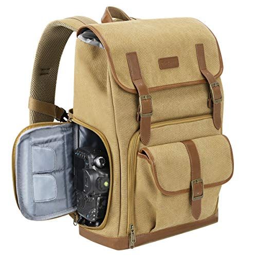  Endurax Canvas Camera Backpack for DSLR Photography Backpack with Quick Access Dual Compartments Fit SLR Cameras 3-5 Lenses and 14 Laptop Khaiki