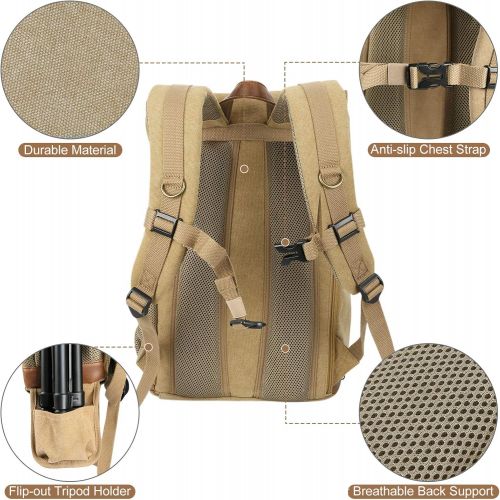  Endurax Canvas Camera Backpack for DSLR Photography Backpack with Quick Access Dual Compartments Fit SLR Cameras 3-5 Lenses and 14 Laptop Khaiki