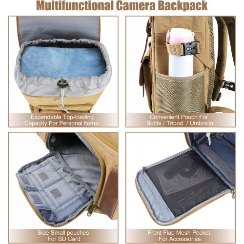  Endurax Canvas Camera Backpack for DSLR Photography Backpack with Quick Access Dual Compartments Fit SLR Cameras 3-5 Lenses and 14 Laptop Khaiki