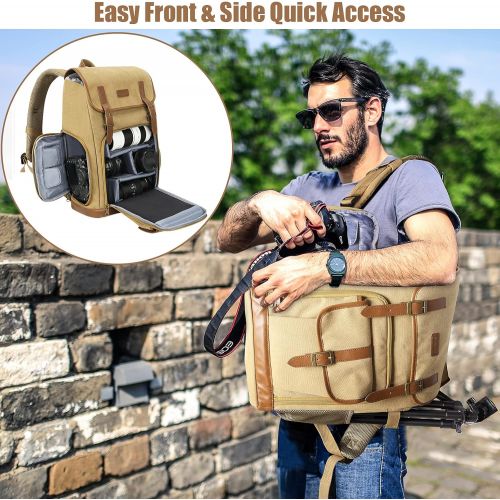  Endurax Canvas Camera Backpack for DSLR Photography Backpack with Quick Access Dual Compartments Fit SLR Cameras 3-5 Lenses and 14 Laptop Khaiki