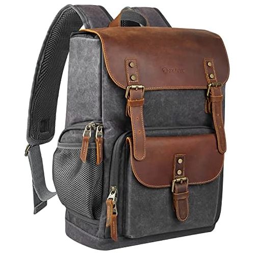  Endurax Leather Camera Backpack for Photographers, DSLR Backpack Bag with Laptop Compartment & Tripod Holder, Waterproof Canvas