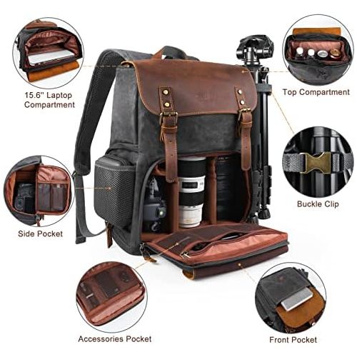  Endurax Leather Camera Backpack for Photographers, DSLR Backpack Bag with Laptop Compartment & Tripod Holder, Waterproof Canvas