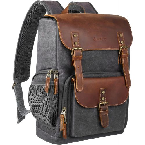  Endurax Leather Camera Backpack for Photographers, DSLR Backpack Bag with Laptop Compartment & Tripod Holder, Waterproof Canvas