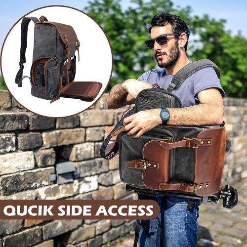  Endurax Leather Camera Backpack for Photographers, DSLR Backpack Bag with Laptop Compartment & Tripod Holder, Waterproof Canvas