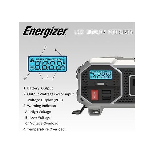  Energizer 2000 Watts Power Inverter Modified Sine Wave Car Inverter, 12v to 110v, Two AC Outlets, Two USB Ports (2.4 Amp), DC to AC Converter, Battery Cables Included - ETL Approved Under UL STD 458