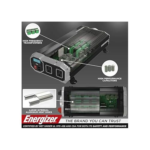  Energizer 2000 Watts Power Inverter Modified Sine Wave Car Inverter, 12v to 110v, Two AC Outlets, Two USB Ports (2.4 Amp), DC to AC Converter, Battery Cables Included - ETL Approved Under UL STD 458