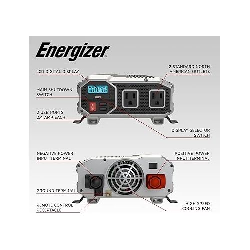  Energizer 2000 Watts Power Inverter Modified Sine Wave Car Inverter, 12v to 110v, Two AC Outlets, Two USB Ports (2.4 Amp), DC to AC Converter, Battery Cables Included - ETL Approved Under UL STD 458