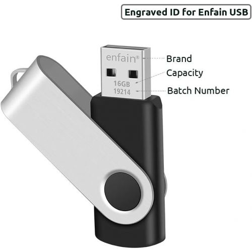  Enfain 16GB USB 2.0 Flash Memory Stick Drive Swivel Thumb Drives Bulk 10 Pack, with LED Indicator, 12 x Removable White Labels ( Black )