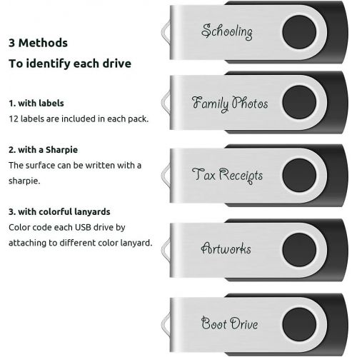  Enfain 16GB USB 2.0 Flash Memory Stick Drive Swivel Thumb Drives Bulk 10 Pack, with LED Indicator, 12 x Removable White Labels ( Black )