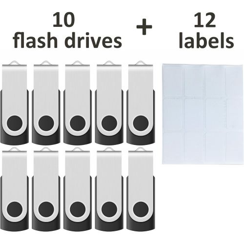  Enfain 16GB USB 2.0 Flash Memory Stick Drive Swivel Thumb Drives Bulk 10 Pack, with LED Indicator, 12 x Removable White Labels ( Black )