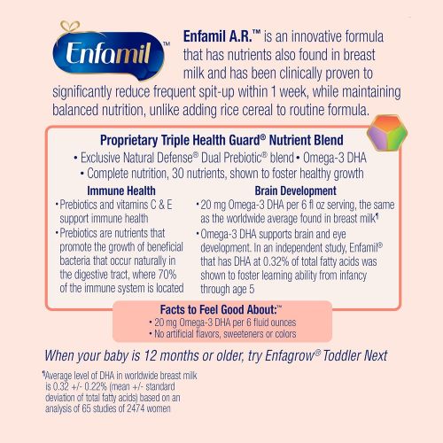  [아마존베스트]Enfamil A.R. Spit Up Baby formula gentle Milk Powder Refill, 32.2 Oz - Omega 3 Dha, Probiotics, immune & Brain Support