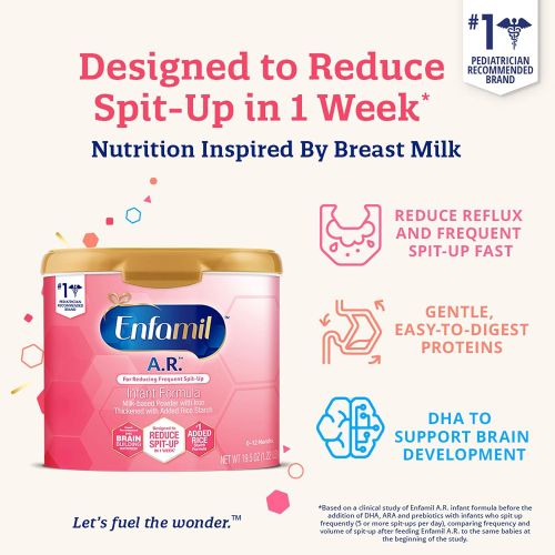  Enfamil A.R. Infant Formula - Clinically Proven to Reduce Spit-Up in 1 week - Reusable Powder Tub, 19.5 oz Omega 3 DHA & Iron, Thickened with Rice Starch(Package May Vary)