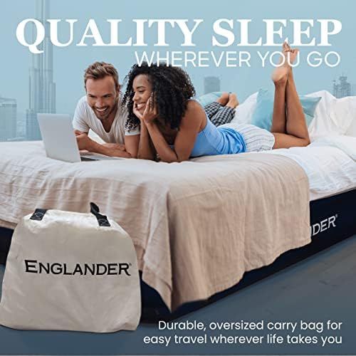  Englander Queen Size Air Mattress w/ Built in Pump - Luxury Double High Inflatable Bed for Home, Travel & Camping - Premium Blow Up Bed for Kids & Adults