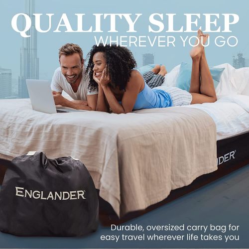  Englander Queen Size Air Mattress w/ Built in Pump - Luxury Double High Inflatable Bed for Home, Travel & Camping - Premium Blow Up Bed for Kids & Adults