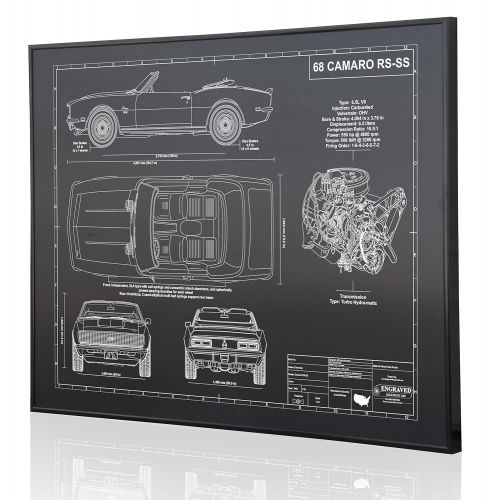  Engraved Blueprint Art LLC 1968 Chevrolet Camaro Convertible RS-SS 396 V8 Blueprint Artwork-Laser Marked & Personalized-The Perfect Camaro Gifts