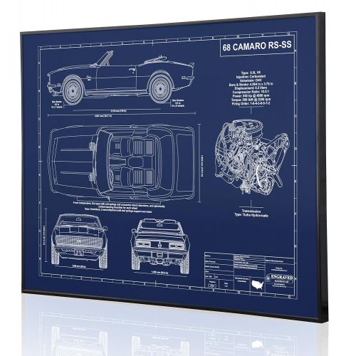  Engraved Blueprint Art LLC 1968 Chevrolet Camaro Convertible RS-SS 396 V8 Blueprint Artwork-Laser Marked & Personalized-The Perfect Camaro Gifts