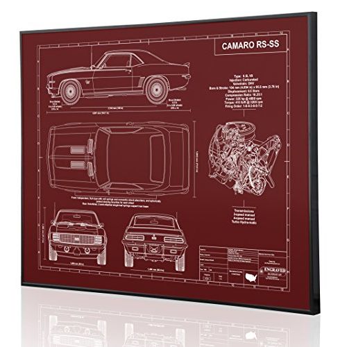  Engraved Blueprint Art LLC 1969 Chevrolet Camaro RS-SS 396 V8 Blueprint Artwork-Laser Marked & Personalized-The Perfect Camaro Gifts