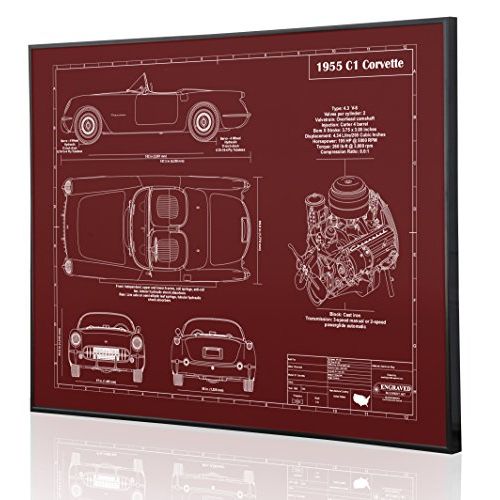  Engraved Blueprint Art LLC Corvette C1 1955 Blueprint Artwork-Laser Marked & Personalized-The Perfect Corvette Gifts