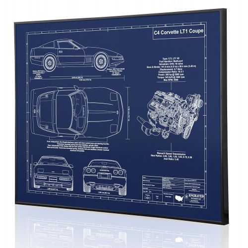  Engraved Blueprint Art LLC Corvette C4 LT1 Blueprint Artwork-Laser Marked & Personalized-The Perfect Corvette Gifts