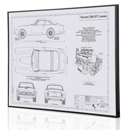  Engraved Blueprint Art LLC Ferrari 250 GT Lusso Blueprint Artwork-Laser Marked & Personalized-The Perfect Ferrari Gifts