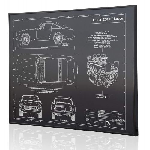  Engraved Blueprint Art LLC Ferrari 250 GT Lusso Blueprint Artwork-Laser Marked & Personalized-The Perfect Ferrari Gifts