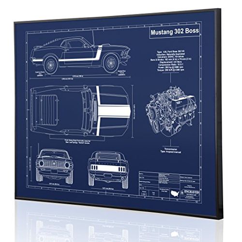  Engraved Blueprint Art LLC Ford Mustang 302 Boss 1970 Blueprint Artwork-Laser Marked & Personalized-The Perfect Ford Gifts