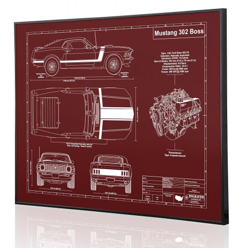  Engraved Blueprint Art LLC Ford Mustang 302 Boss 1970 Blueprint Artwork-Laser Marked & Personalized-The Perfect Ford Gifts