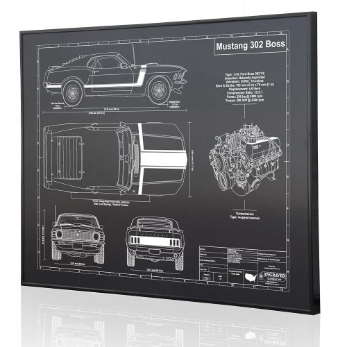  Engraved Blueprint Art LLC Ford Mustang 302 Boss 1970 Blueprint Artwork-Laser Marked & Personalized-The Perfect Ford Gifts