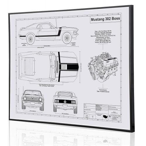  Engraved Blueprint Art LLC Ford Mustang 302 Boss 1970 Blueprint Artwork-Laser Marked & Personalized-The Perfect Ford Gifts