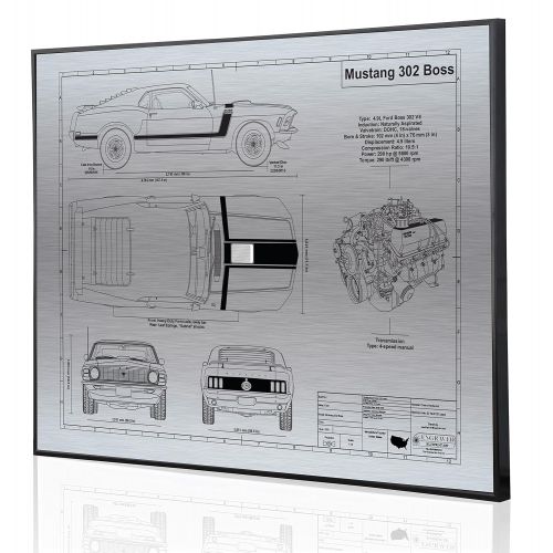  Engraved Blueprint Art LLC Ford Mustang 302 Boss 1970 Blueprint Artwork-Laser Marked & Personalized-The Perfect Ford Gifts