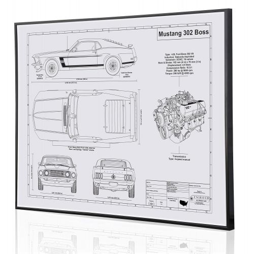  Engraved Blueprint Art LLC Ford Mustang 302 Boss 1969 Blueprint Artwork-Laser Marked & Personalized-The Perfect Ford Gifts