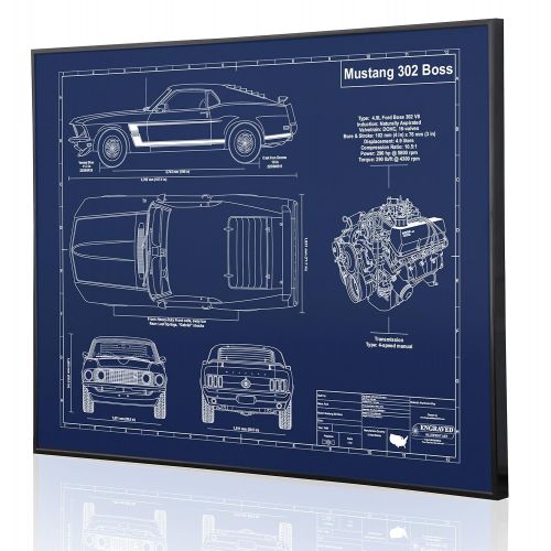  Engraved Blueprint Art LLC Ford Mustang 302 Boss 1969 Blueprint Artwork-Laser Marked & Personalized-The Perfect Ford Gifts